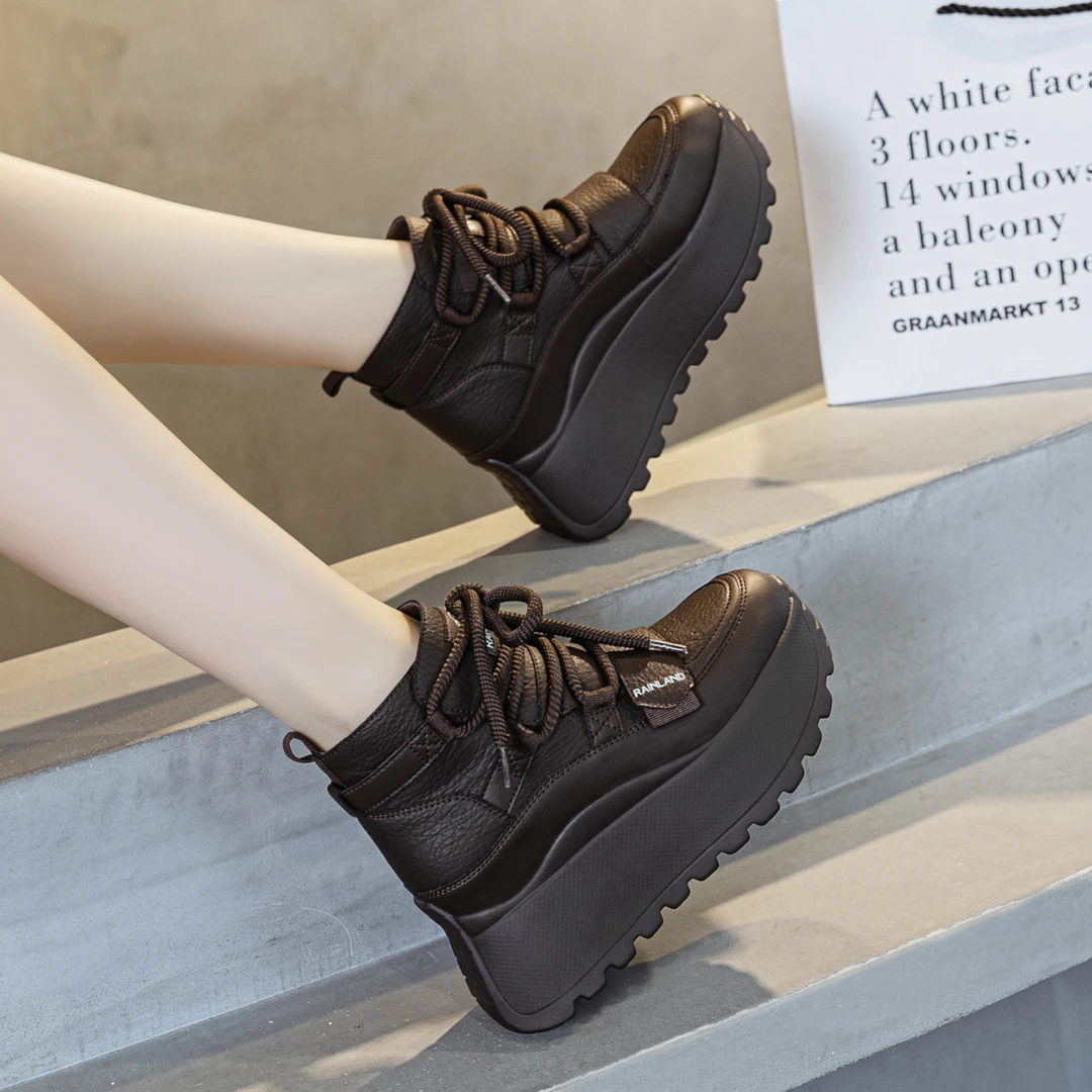 雨土2025秋冬新款加绒高帮鞋休闲运动鞋女百搭时尚厚底增高老爹鞋