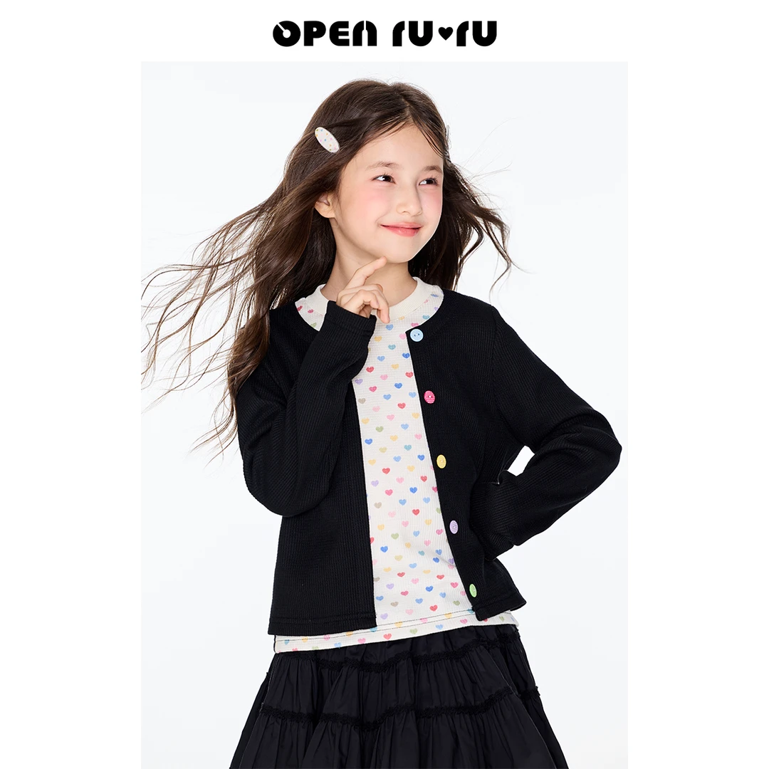 Opennunu女童假两件短款开衫春季中大童设计感圆领长袖上衣