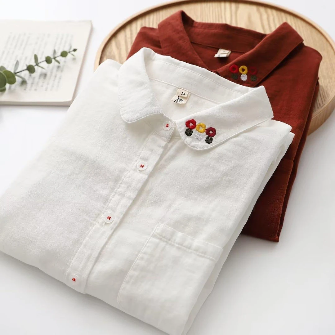 双层棉纱长袖衬衫女2025春秋文艺小清新领口彩色刺绣翻领打底衬衣