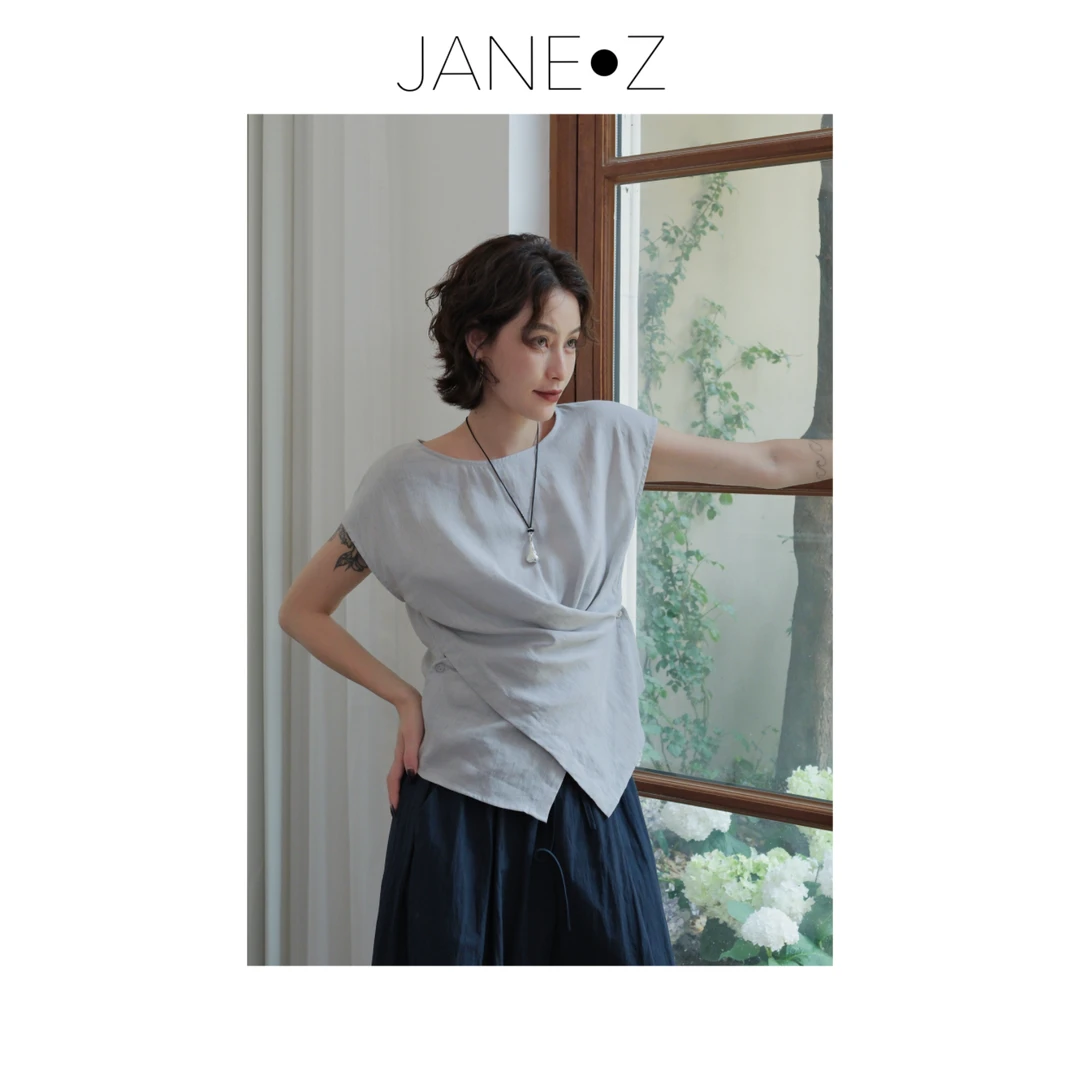 【扭结】100%亚麻交叉绑带设计上衣小衫系带T恤JZ022