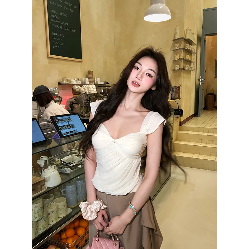 【12YE】纯欲风性感斜褶修身显瘦吊带上衣 T1023