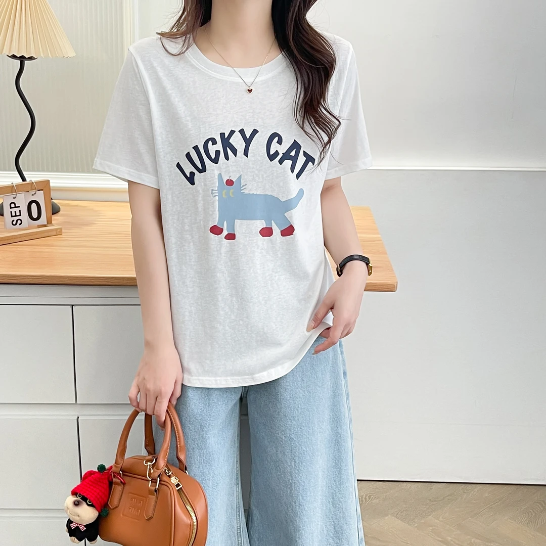 2025新款猫咪短袖印花宽松空气感女T恤显瘦薄款圆领欧美风