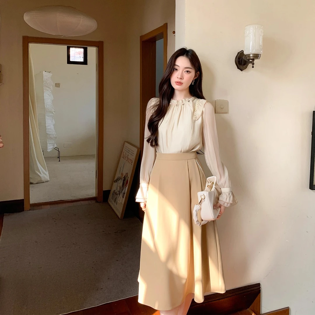 2025新款早秋季莱赛尔前后两穿衬衫上衣半裙套装裙女LJ0038