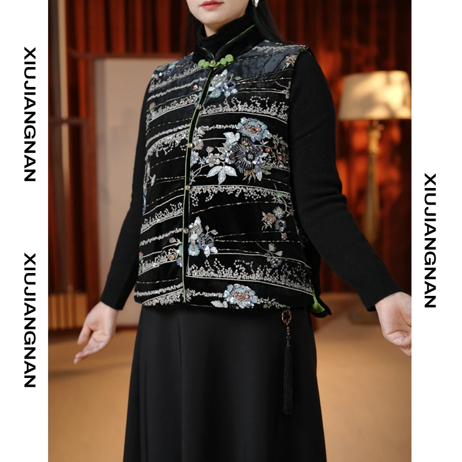 88235-新中式提花夹棉马夹国风盘口撞色重工刺绣秋冬无袖坎肩外套