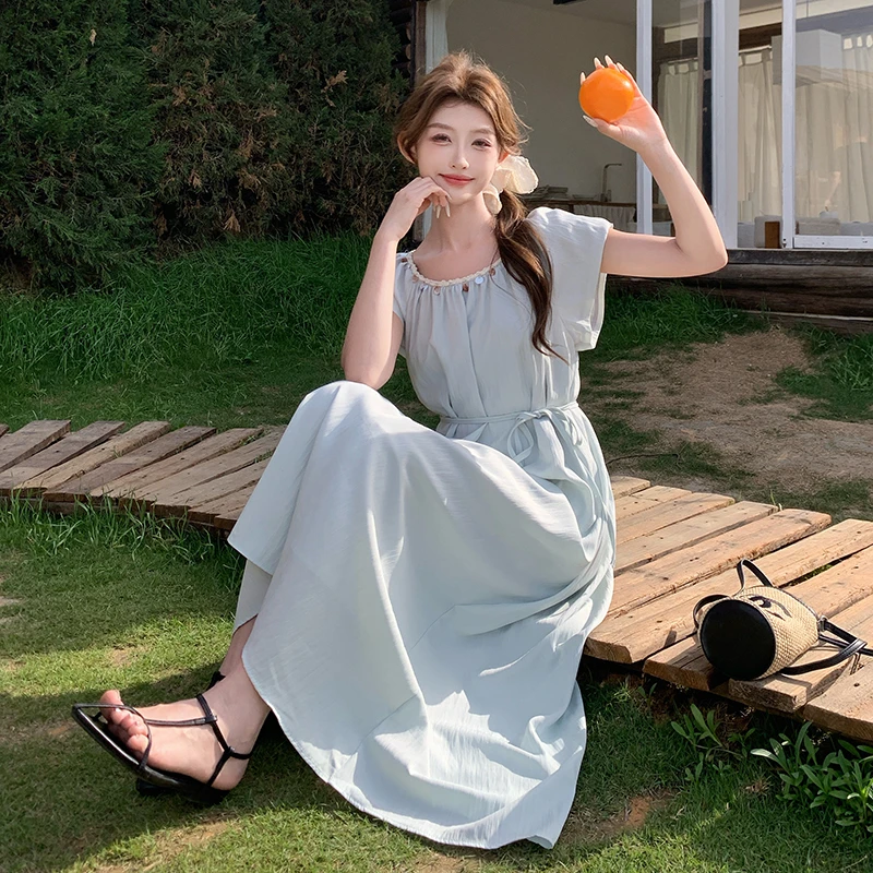 蓝色法式超好看贝壳装饰度假风连衣裙女2025夏季新款甜美初恋长裙