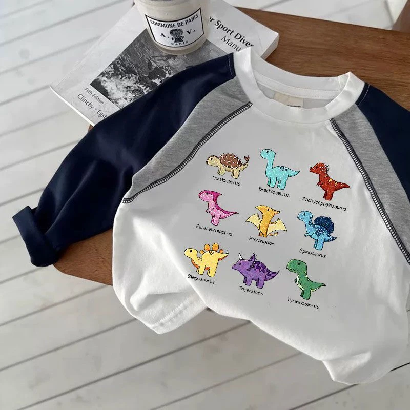 男童纯棉T恤新款儿童长袖肩袖卡通女童小童春秋打底宝宝恐龙上衣