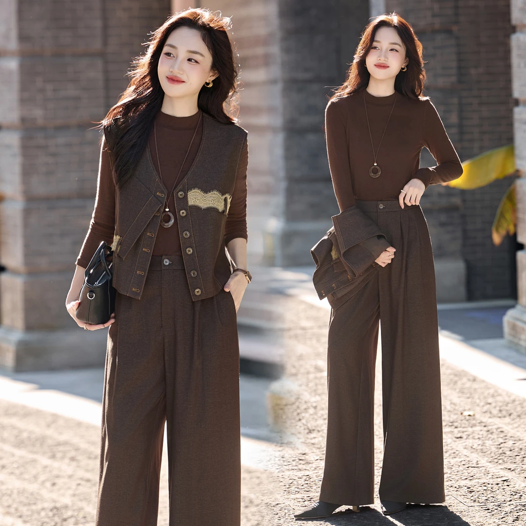 韩系气质复古马甲套装女2025春秋新款设计感洋气时髦阔腿裤三件套
