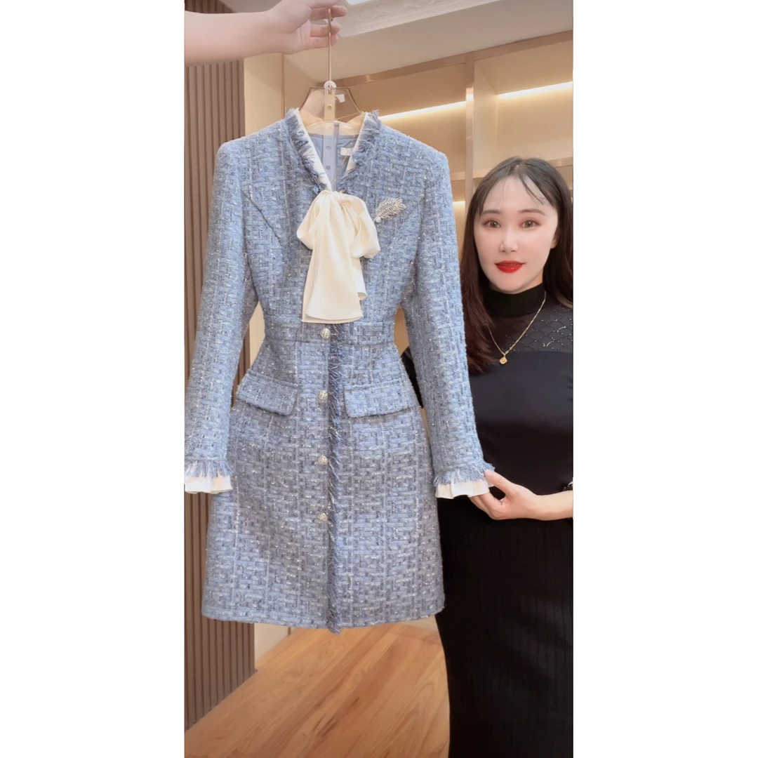 【现货，下午发】2301囯内设计师品牌女装气质收腰长袖连衣裙