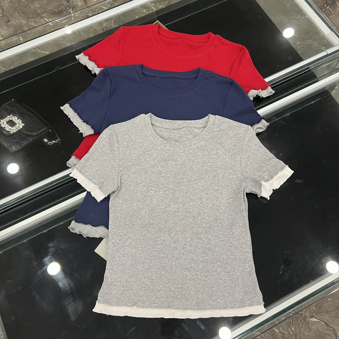 2025新款设计感修身小众红色假两件短袖t恤-25891