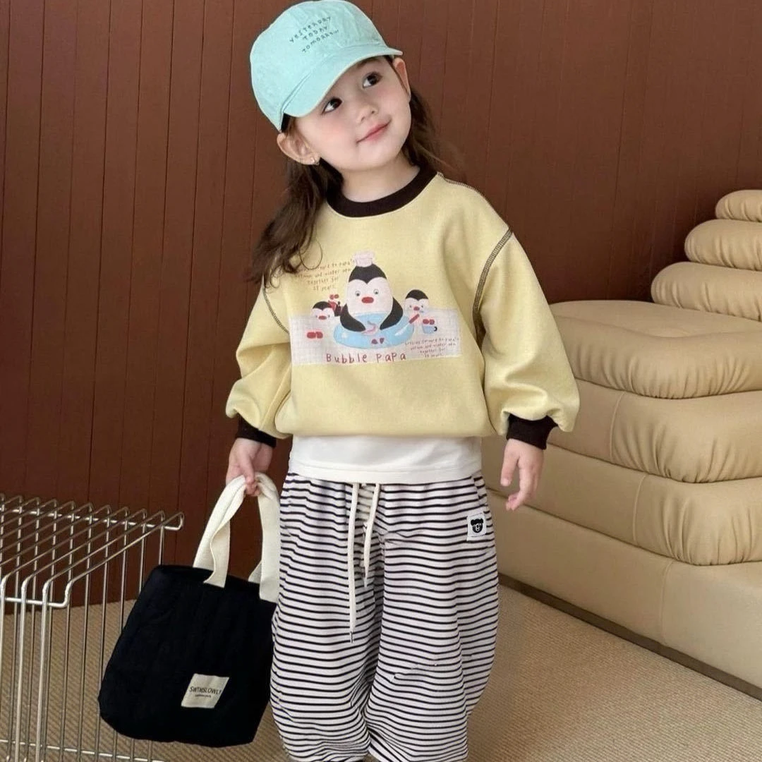 2025秋冬新款女童条纹加绒运动裤男宝宝秋款洋气小熊裤子童装Z020