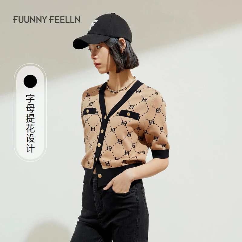 |FF仿佛秋冬V领针织衫女薄款上衣提花开衫FZ00925