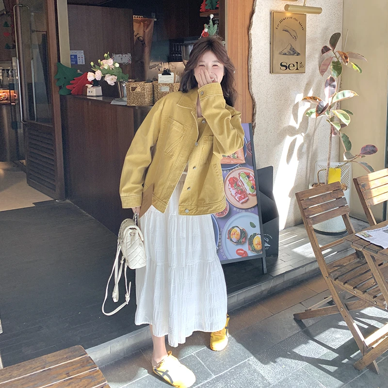 多巴胺元气黄色牛仔翻领外套女早春新款宽松时尚活力短夹克上衣