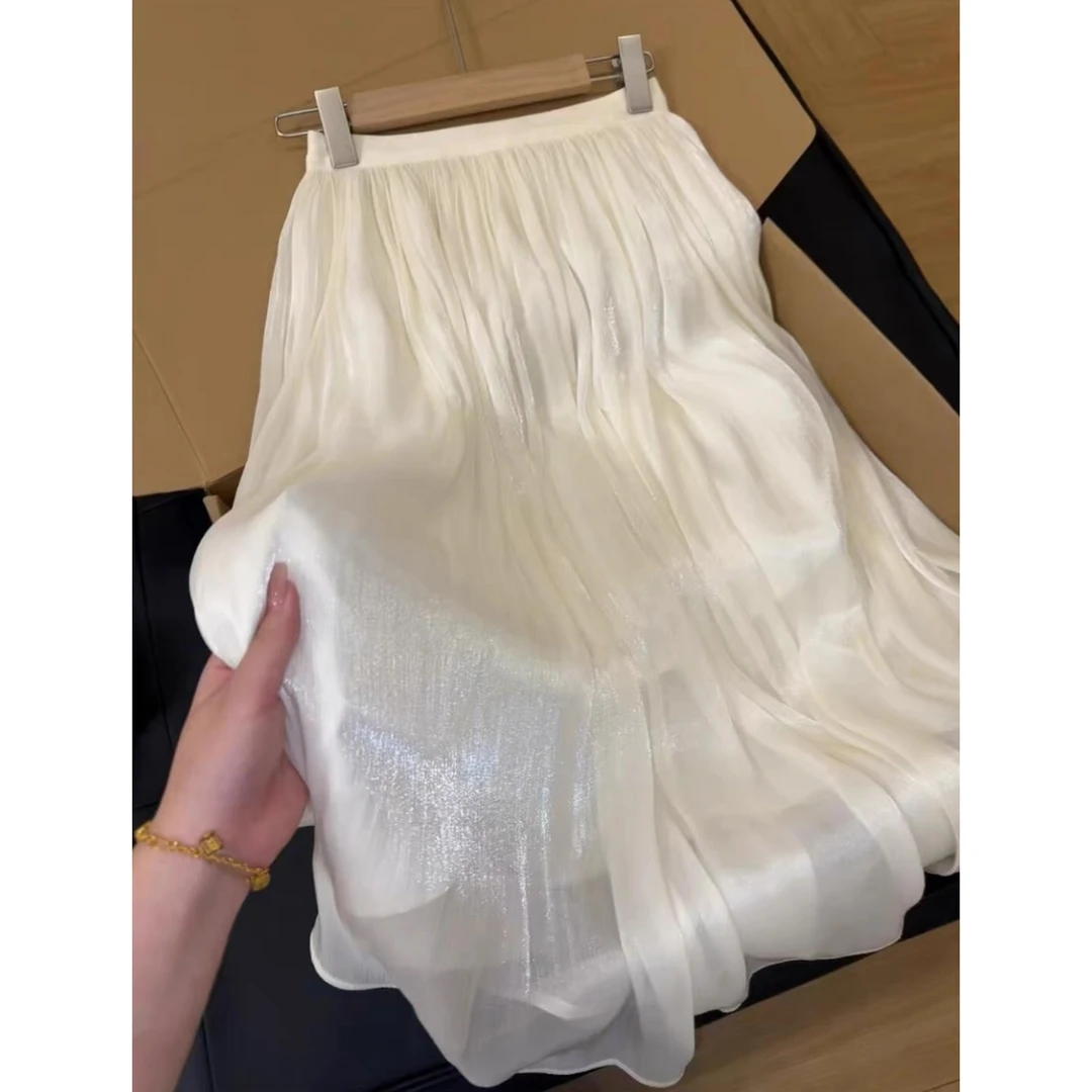 质感惊艳到了早春高腰流光泽感珠光纱裙中长款半身裙流金纱裙团