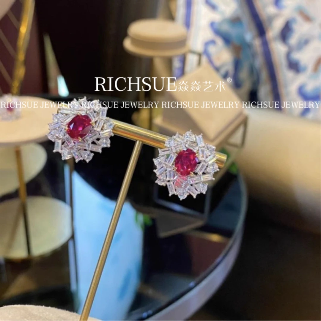 非金属合成锆石项链 RICHSUE 小众设计椭圆红色耳环 s925银镀金