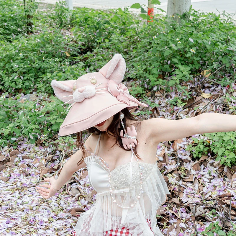 芽小七原创设计粉米猫猫渔夫帽四季款旅游遮阳防晒帽圆顶宽檐情侣