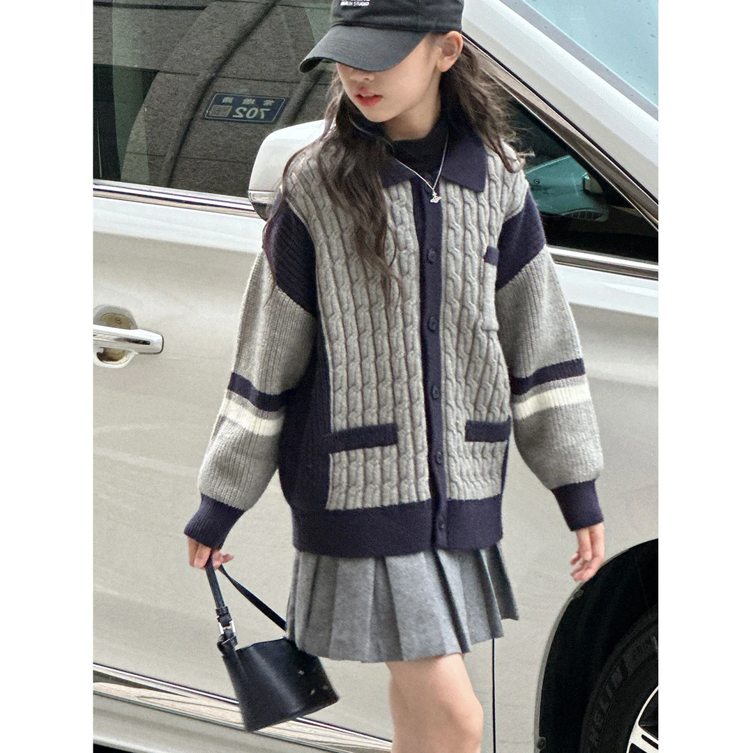 K29652孙小美撞色女童麻花毛衣开衫2025秋冬装新款儿童针织衫上衣