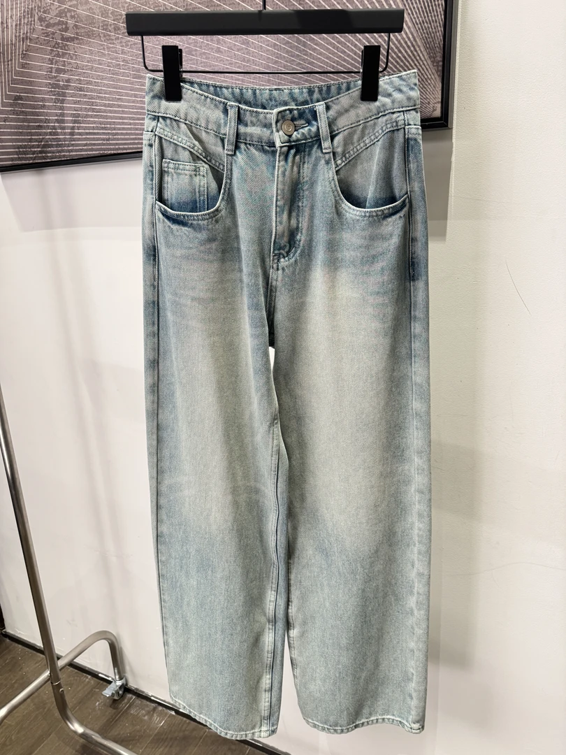 B036小众设计师新款复古垂感高腰直筒裤显瘦遮胯宽松阔腿牛仔裤