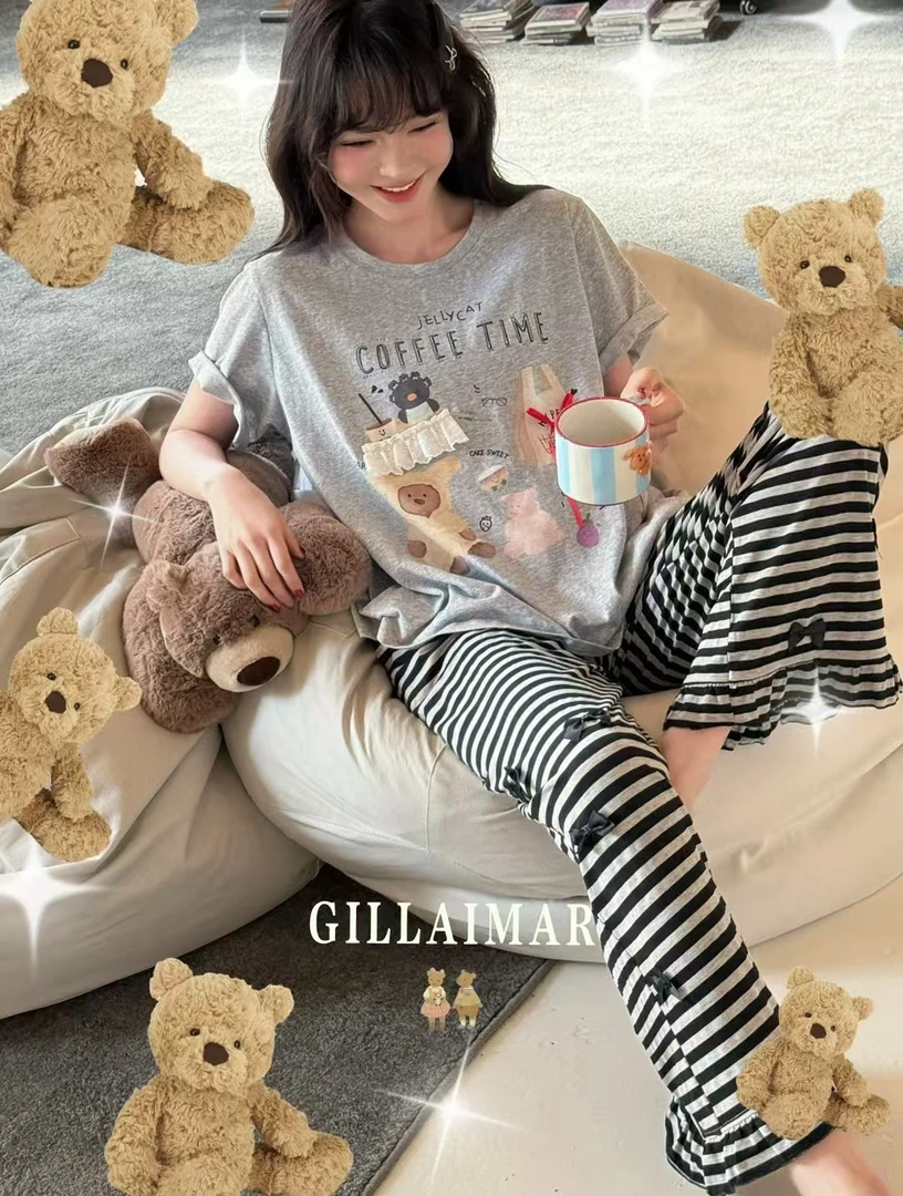 小熊家 可爱条纹蝴蝶结 小熊家居服套装女7852