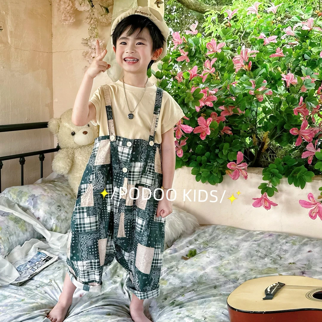 【不用全脱卸货的背带裤】韩风男童儿童印花拼接连体背带裤夏季洋气