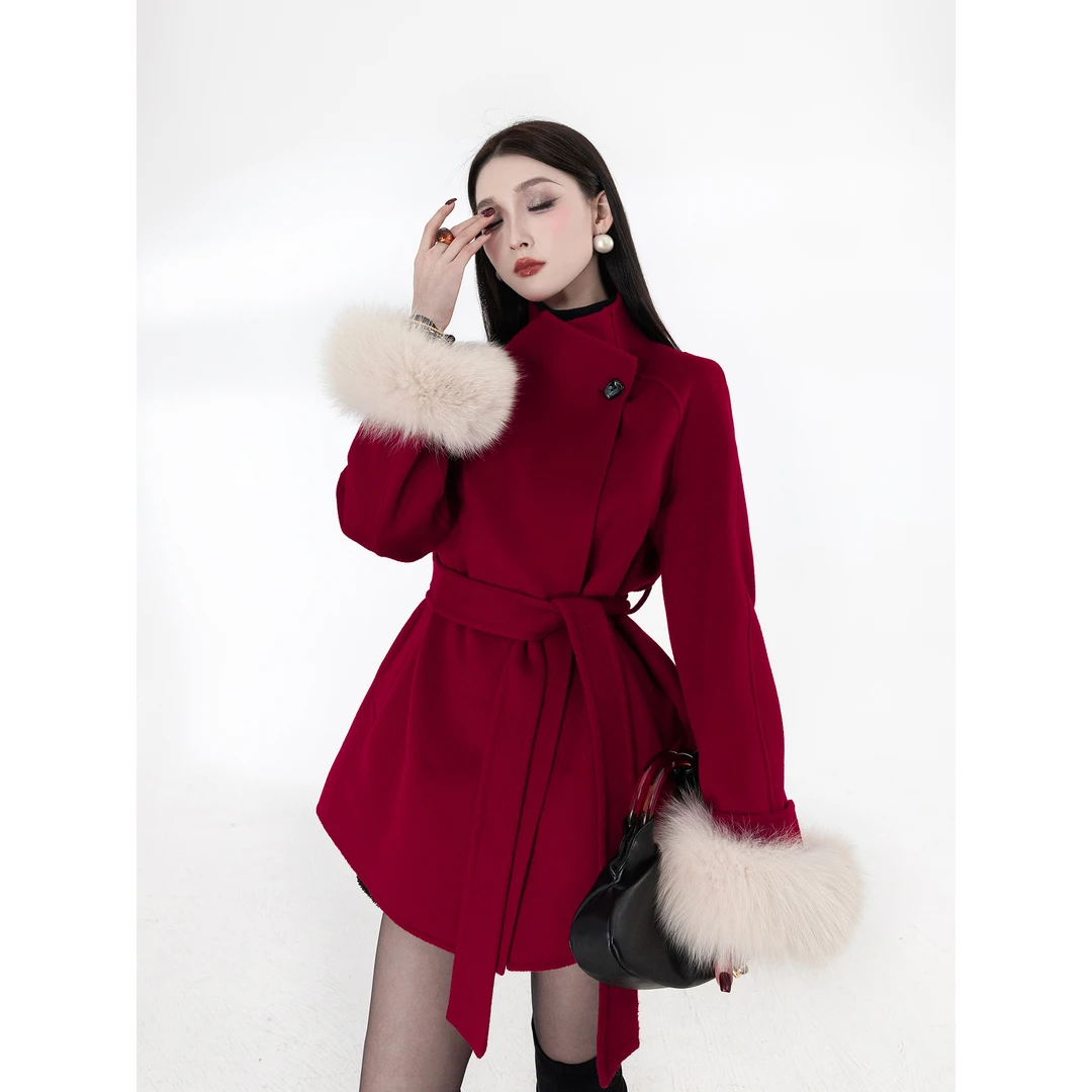 MD进进原创【迷人玫瑰】2025冬季气质时尚设计师系带显瘦羊毛外套