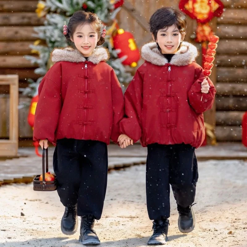 男女童冬装红色汉服唐装加绒加厚拜年衣服儿童本命新年男孩冬季潮