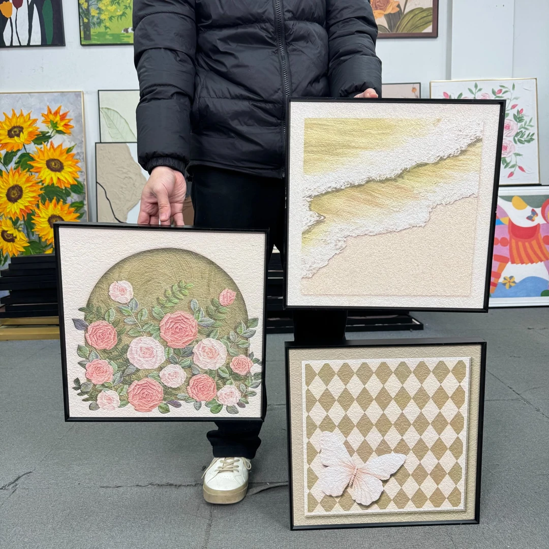 法式ins风花卉海浪客厅装饰画餐厅卧室挂画正方组合壁画403