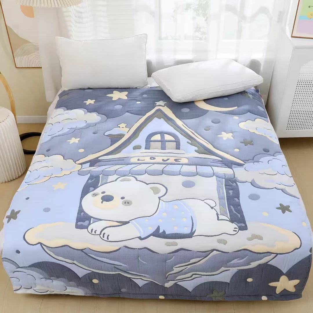 【安睡小熊蓝】150*200cmA类柔软亲肤透气春秋夏被空调被棉纱泡芙被