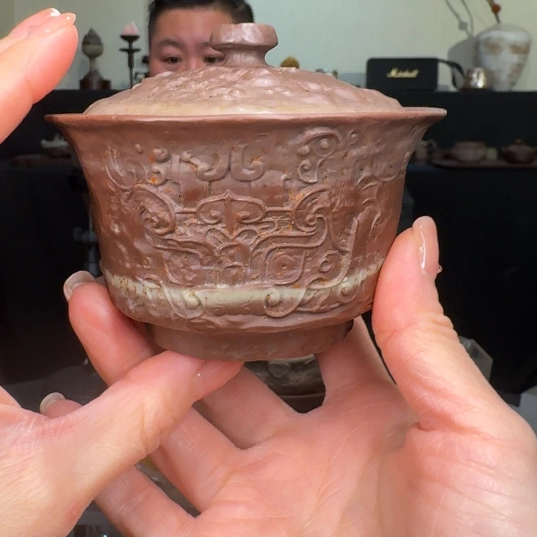 龙***5紫玉石青铜纹石盖碗