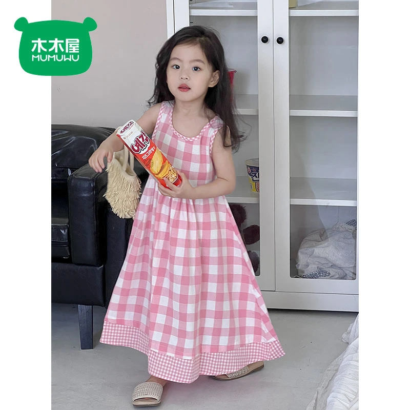 木木屋女童纯棉裙子夏装童装中大童休闲洋气撞色粉色格子公主裙子