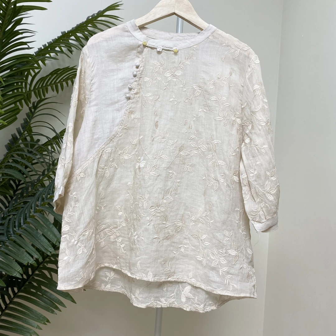 【七分袖盘扣重工刺绣苎麻衬衫】3725