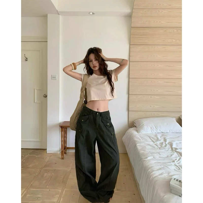 夏季新款辣妹斜肩纯色简约气质上衣T恤百搭显瘦休闲阔腿裤长裤女