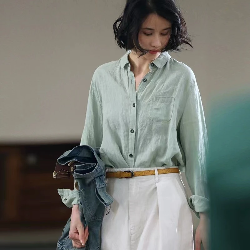 888豆绿#2024文艺复古衬衫显瘦减龄复古衬衫女