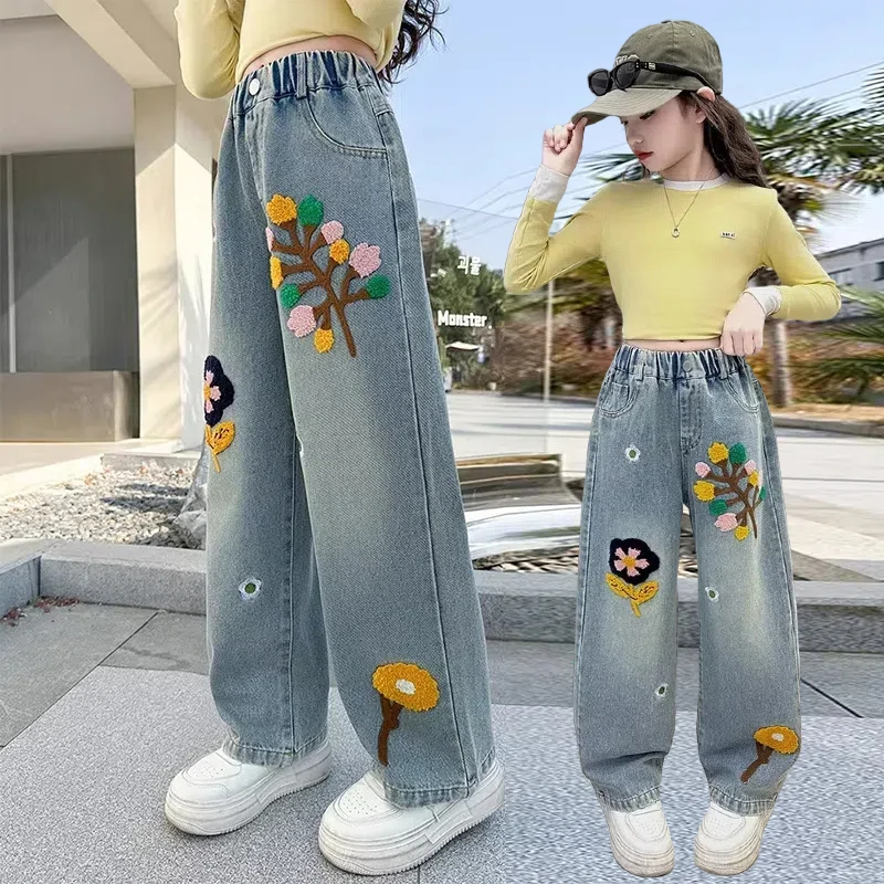 女童春装牛仔裤2025新款洋气时髦裤子大童儿童春季女孩宽松阔腿裤