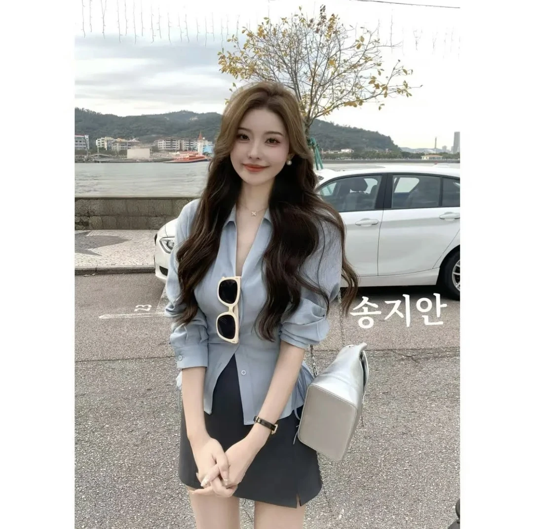 韩系气质翻领长袖女2025春季新款套装设计感收腰显瘦休闲衬衫