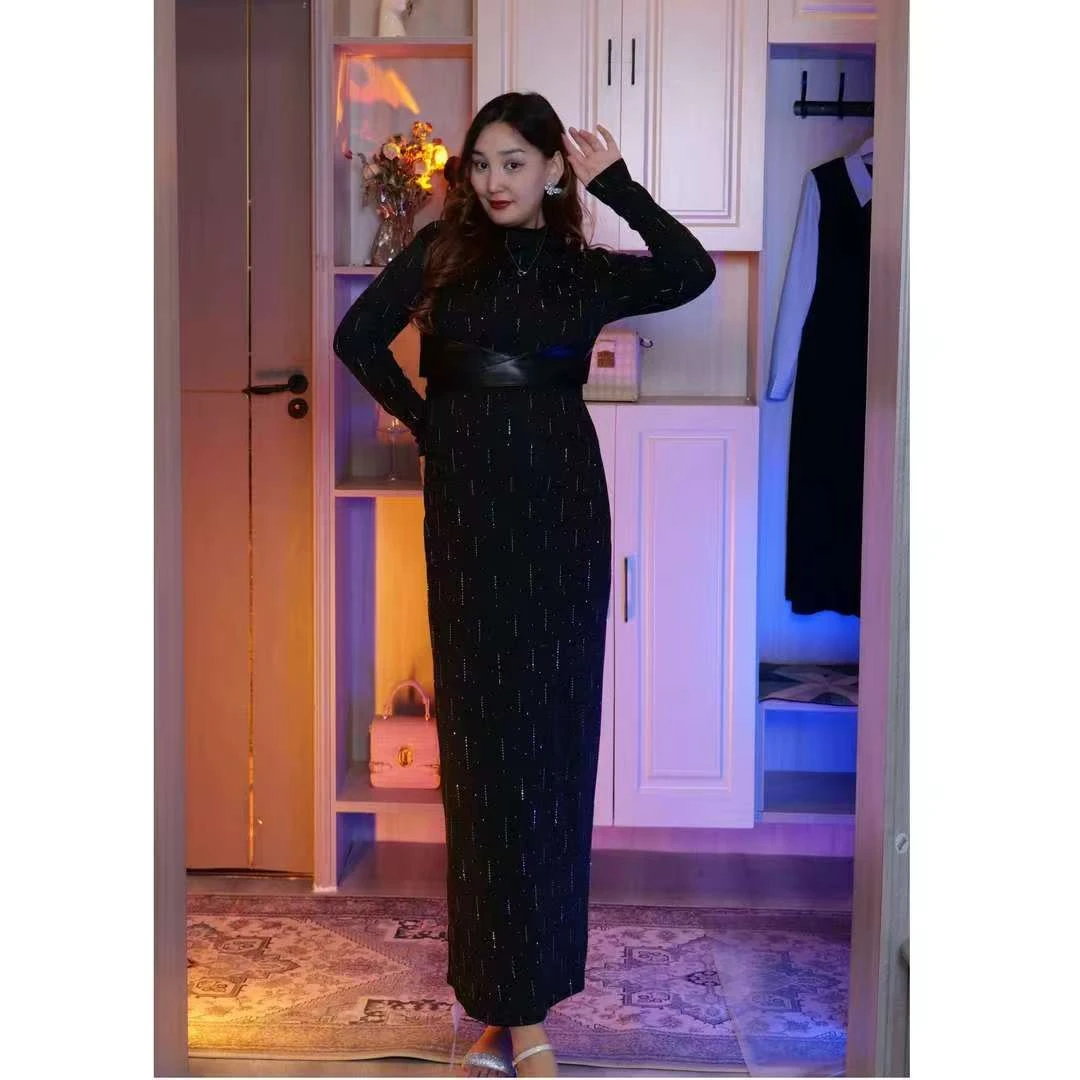 6688【小麦】一体腰带巧收腰烫钻女装连衣裙