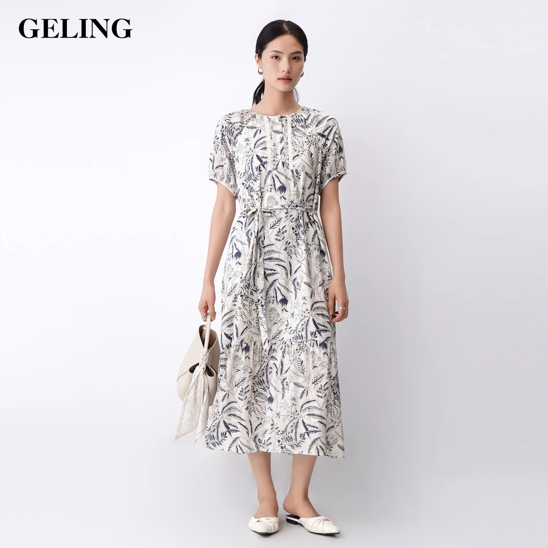 GELING/歌&玲夏季100天丝印花连衣裙时尚法式度假长裙G505L405L