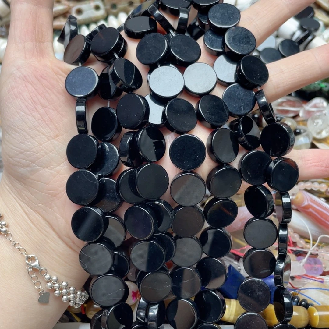玛瑙/玉髓合金珠宝半成品一条14m黑玛瑙圆片