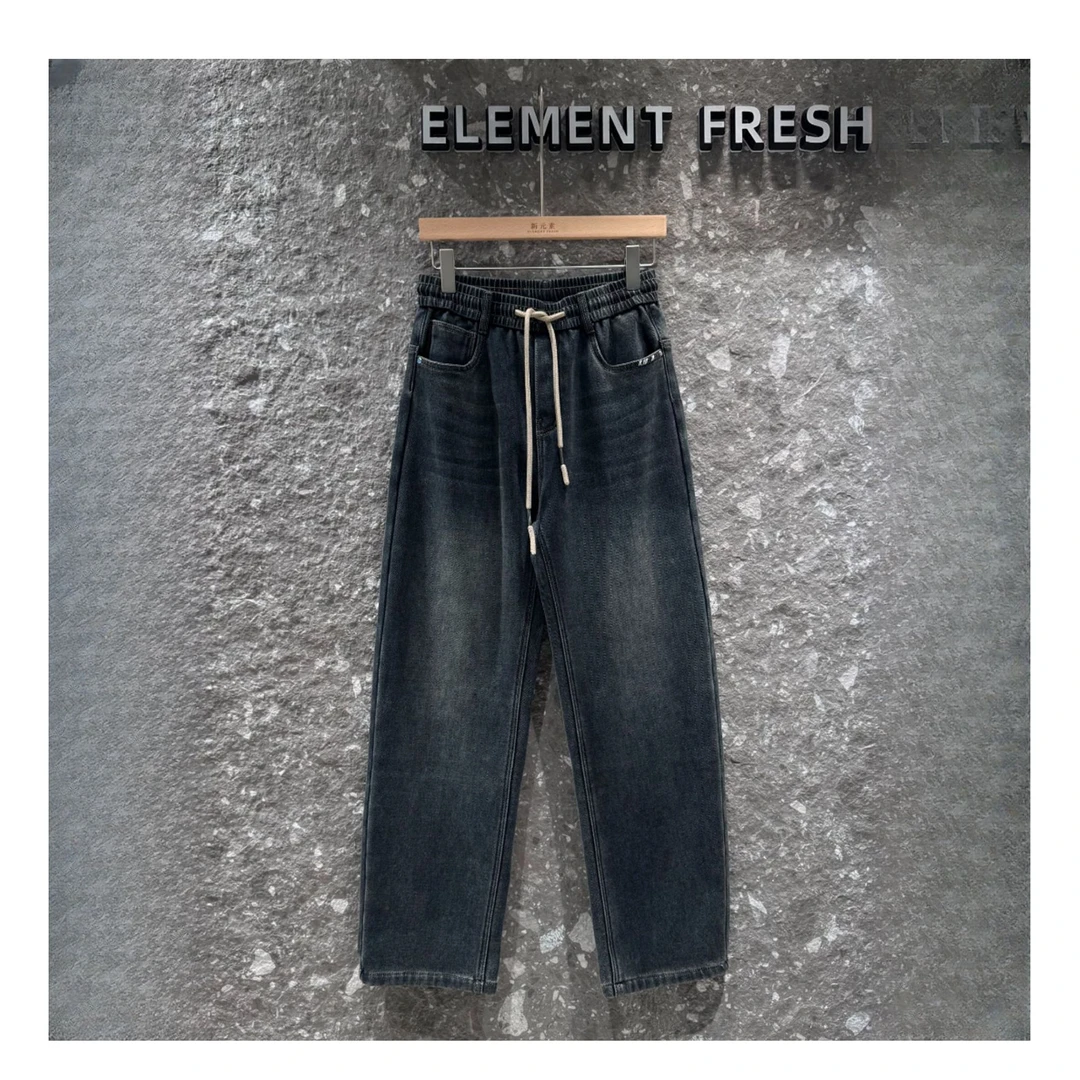 加绒直筒裤 秋冬立体剪裁牛仔裤抽绳水洗牛仔裤时尚松紧腰 8502