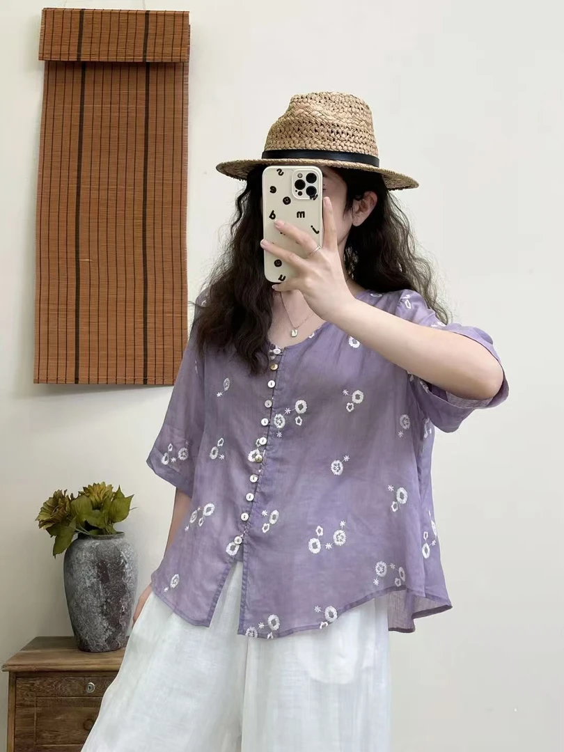 夏季复古刺绣宽松气质上衣休闲百搭短款衬衫100支苎麻小衫