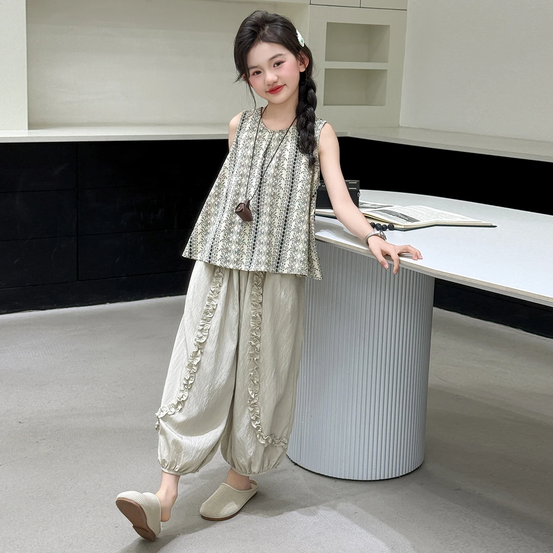 女童夏装2025新款洋气大童女孩韩版娃娃衫背心夏款花边灯笼裤套装