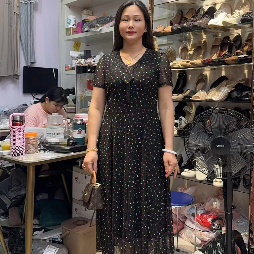 夏季新款气质妈妈中长款垂感短袖薄款印花连衣裙
