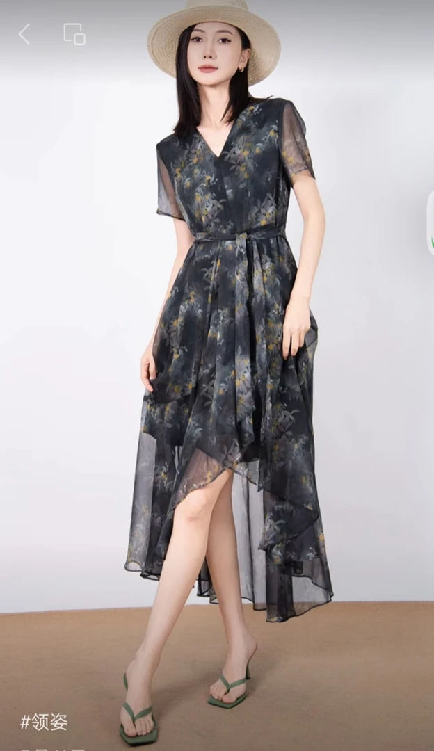 LINGZI/领姿新款V领轻纱显瘦连衣裙夏季LZ5101076时尚气质碎花