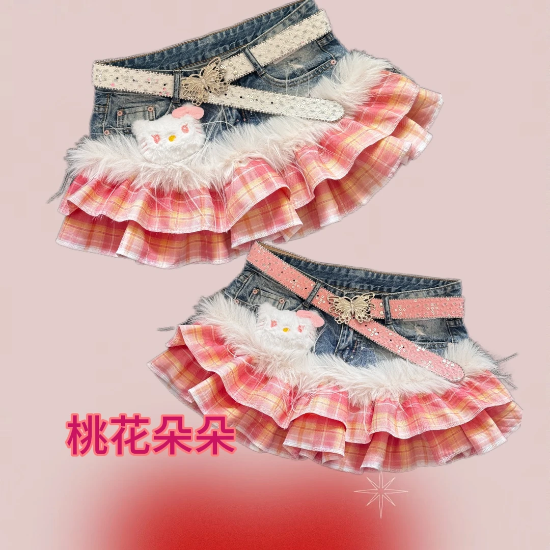 “桃花朵朵”-娜娜古着y2k手作牛仔拼接辣妹裙可直拍y2k亚文化短裙