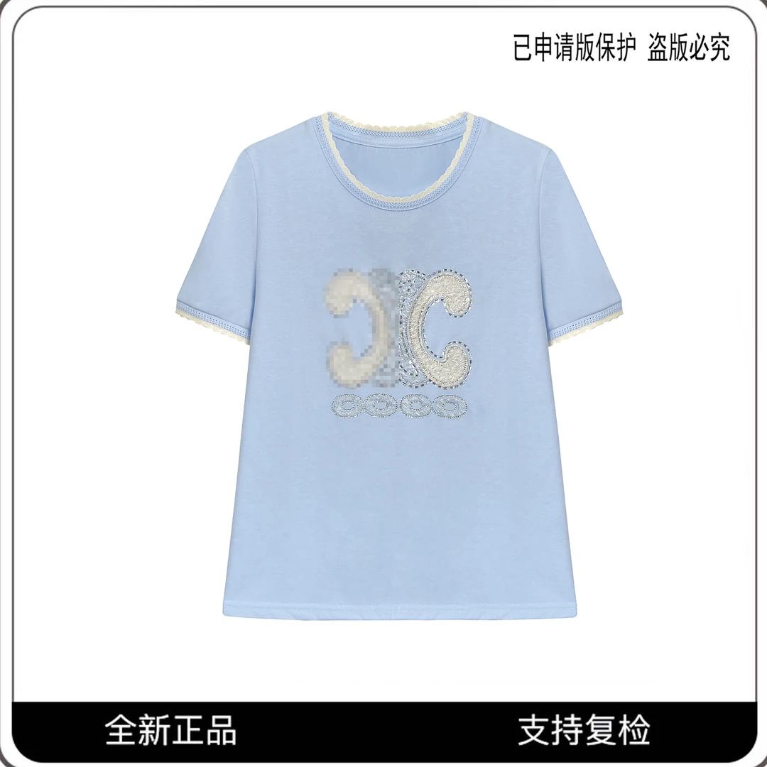 68082#CSIN轻奢时尚重工拼接烫钻短袖T恤2025百搭个性潮流上衣