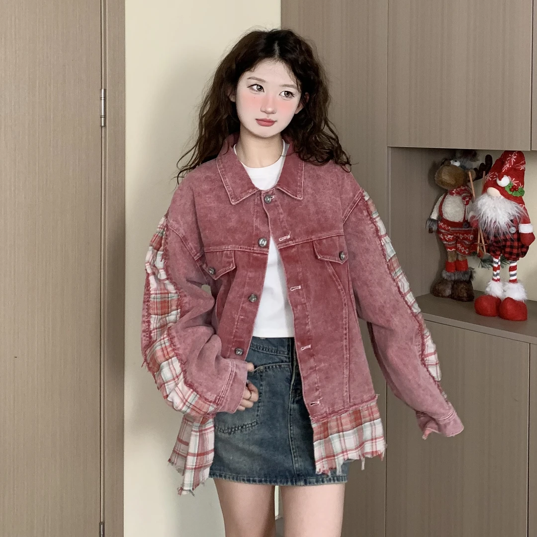 EZEK春季新款2025美式复古格子拼接牛仔外套破坏风做旧下摆粉色潮