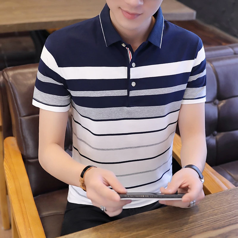 VOGUE MEN尚绅2025夏季新款拼色条纹短袖t恤男时尚潮牌翻领薄款商