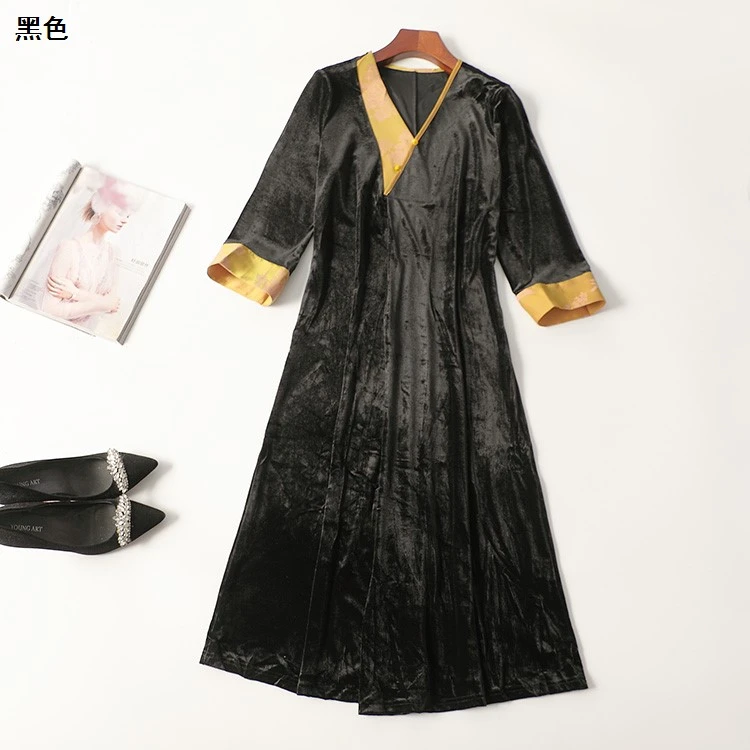 245363春加长款九分袖V领连衣裙