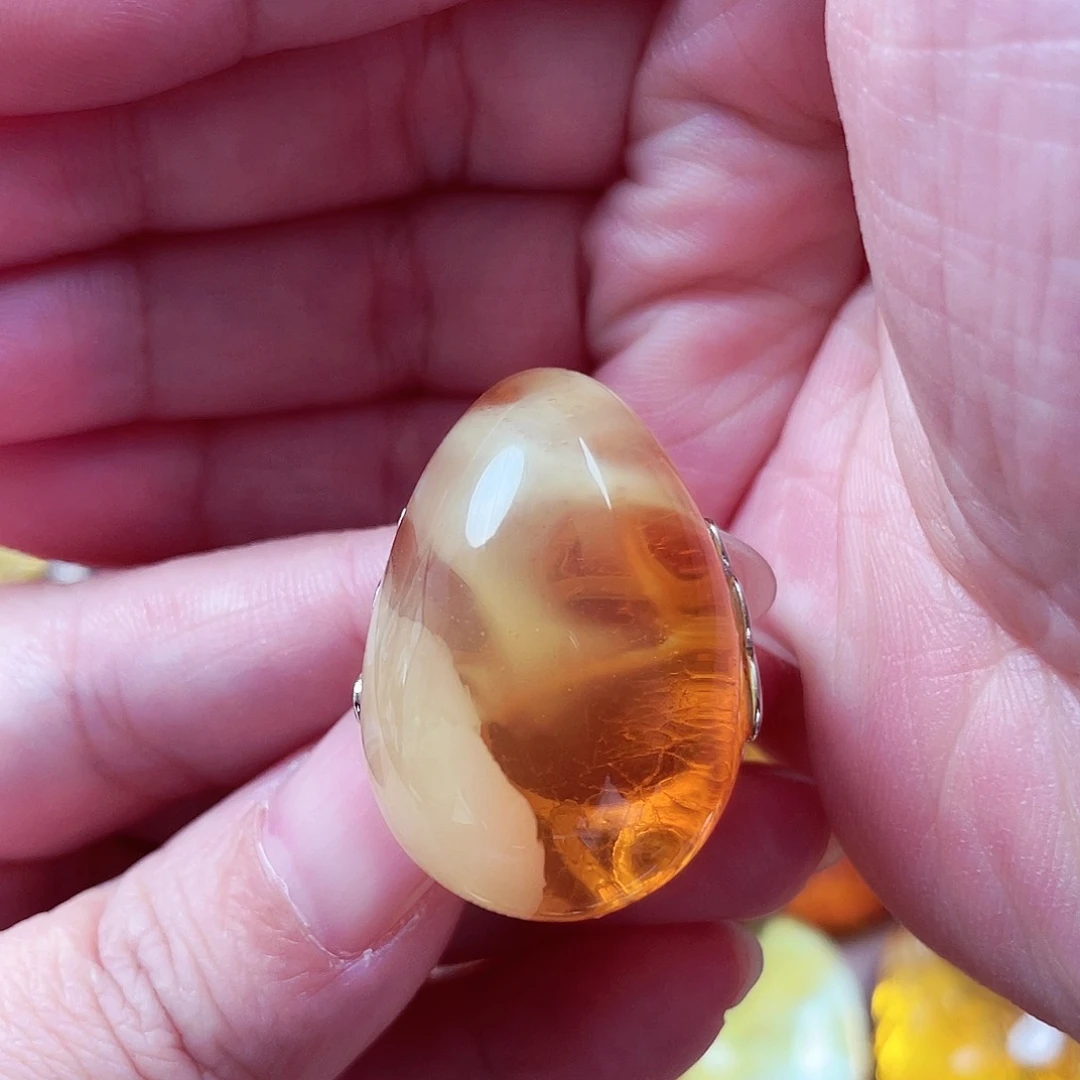 琥珀戒指银S925镶嵌戒指