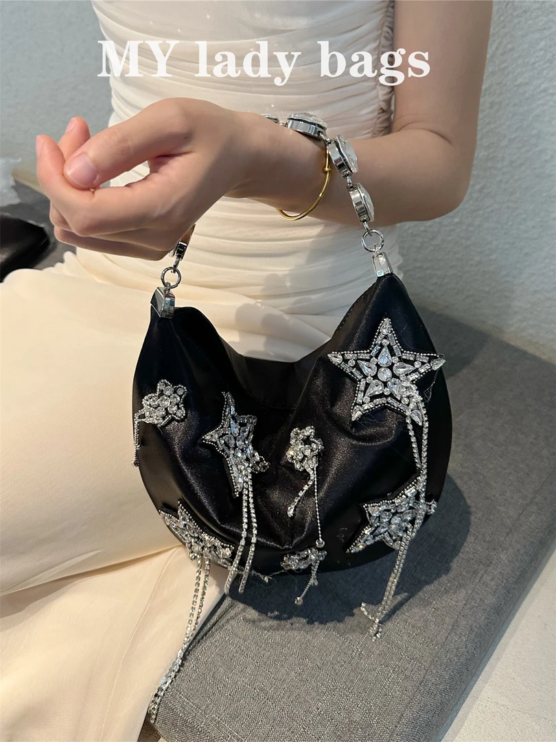2025新品法式仙女包镶钻手提月牙腋下包复古缎面手拎晚宴手提包