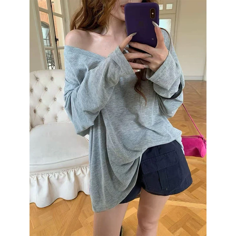 设计感两穿长袖防晒T恤秋V领正肩宽松显瘦慵懒休闲百搭短裤两件套